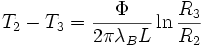 \ T_2-T_3= \frac{\Phi}{2 \pi \lambda_B L } \ln \frac{R_3}{R_2}\,